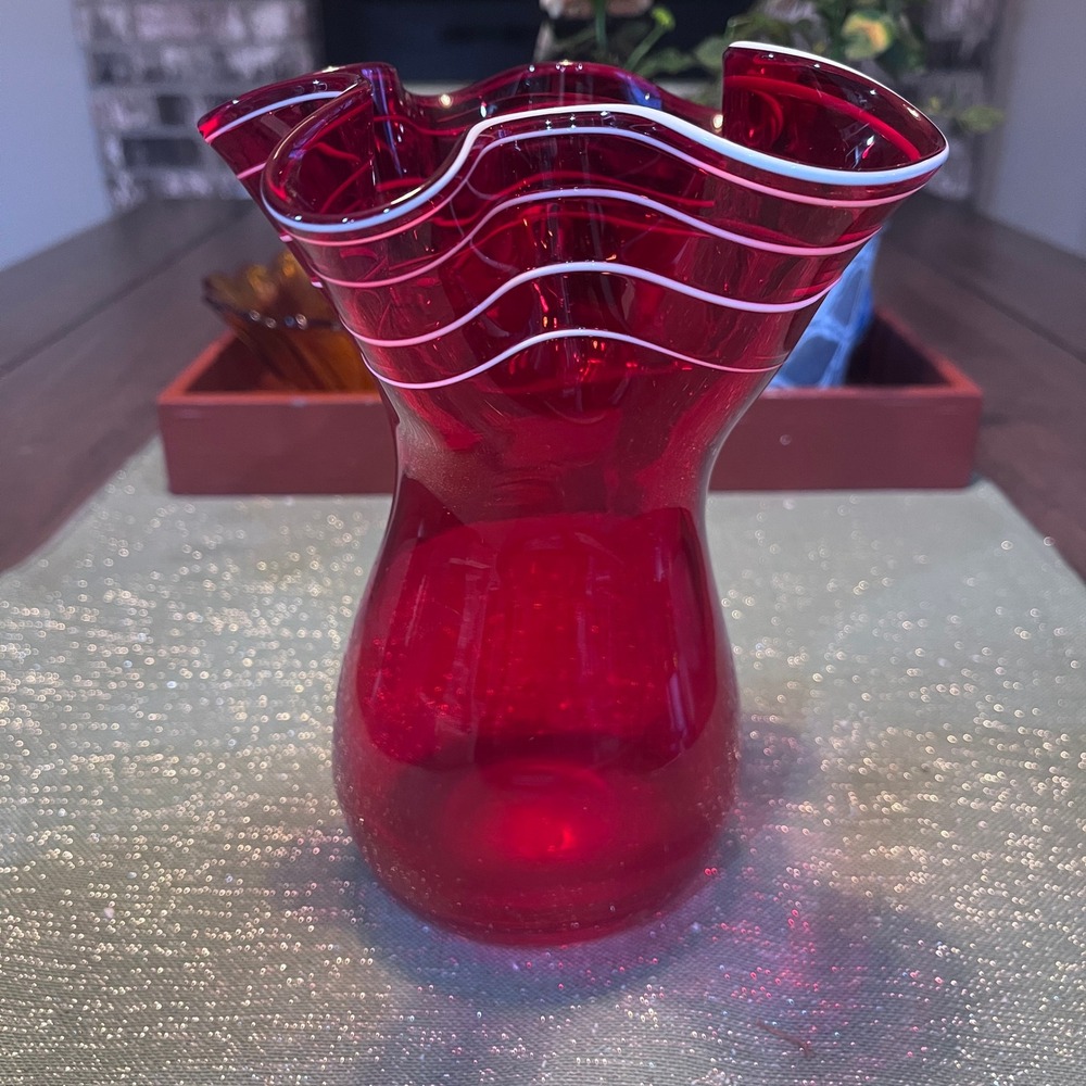 Ruby Red Art Glass Ruffled Vase with White Spiral Threading Hand Blown